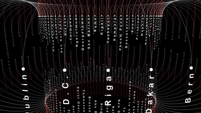A sophisticated data visualization showing world capital names (like Bogota, Colombo, Berlin, and New Delhi) arranged in a 3D dome structure. Arced lines connect the names, demonstrating global interc