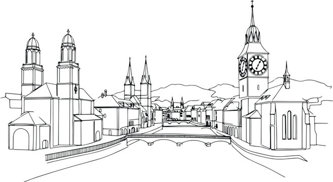 Zurich city skyline continuous black single line art illustration isolated