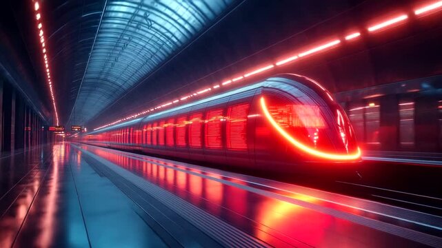 Futuristic train speeding through a neon-lit subway station