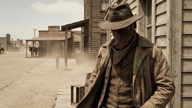 Lone Cowboy Stands Leaning Against Weathered Wooden Building in a Dusty Old Western Town with Horse Drawn Carriages and Barrels in Background Under a Bright Sunny Sky