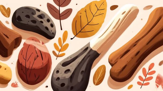 Stylized, abstract illustration showing bones, rocks, and leaves, evoking nature and a playful artistic vibe