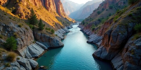 High-angle view of a river carving through a rocky canyon , shadow, bend