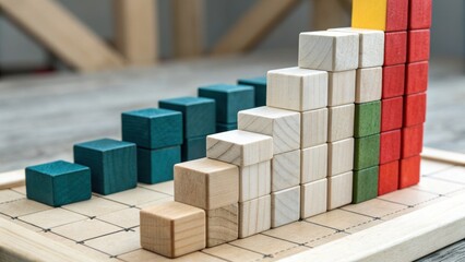Machine learning growth visualized with colorful wooden blocks arranged in ascending order on wooden board for data analysis concept