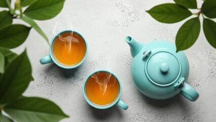 Teapot and cups with steaming tea on textured surface