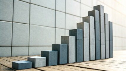 Machine learning growth visual concept with wooden blocks arranged in ascending order on wooden floor against tiled wall background