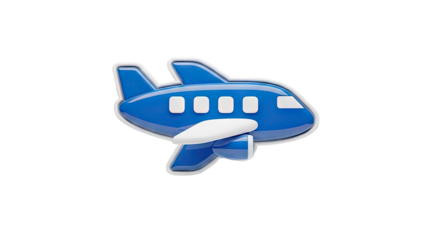3D Blue airplane with white accents, icon, travel symbol on transparent background