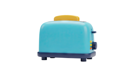 3D Blue cartoon toaster with yellow toast on transparent background