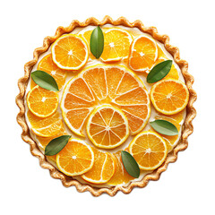 Fresh Citrus Dessert Tart with Orange Slices and Green Leaves