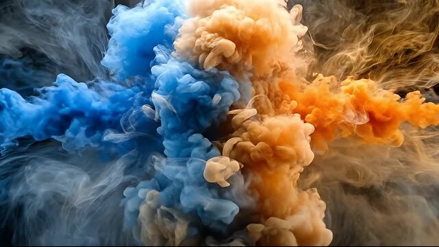 Dynamic Contrast of Blazing Orange and Cool Blue Smoke Clouds Colliding Abstractly Against a Dark Background with Ethereal Wisps of Light and Motion