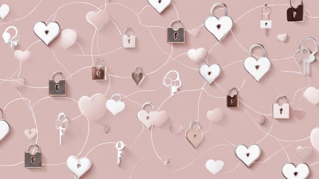 A collection of heart-shaped locks and keys float on a pinkish background with a white line pattern
