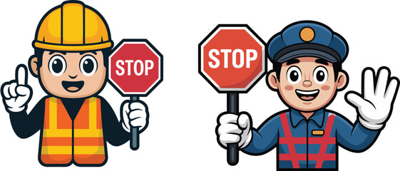 Cartoon construction and traffic officer, stop sign illustration, safety signal clipart, road control character, smiling workers, traffic awareness design