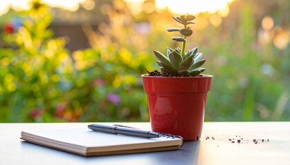 Succulent Plant in Red Pot, Notebook, and Pen on Table with Golden Hour Light
