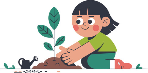 Happy cute cartoon girl planting a small tree sapling in soil with seeds, nature gardening vector illustration. © Mizanur