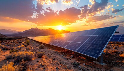 Solar farm capturing energy from the setting sun in a vast desert landscape, symbolizing renewable power technology.