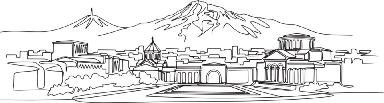 Yerevan city skyline continuous black single line art illustration isolated