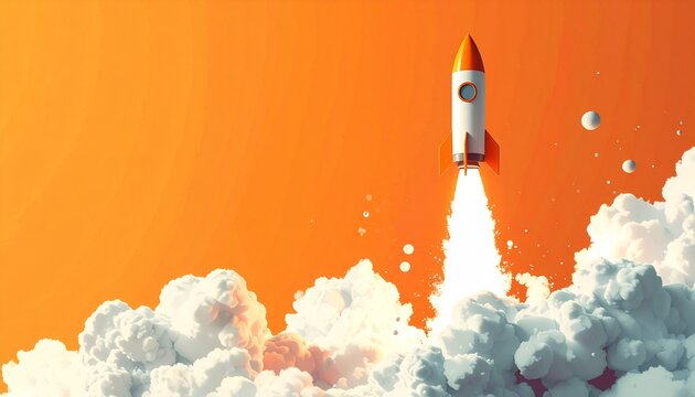 White and orange rocket launching amidst clouds on a vibrant orange background, symbolizing startup success and innovation