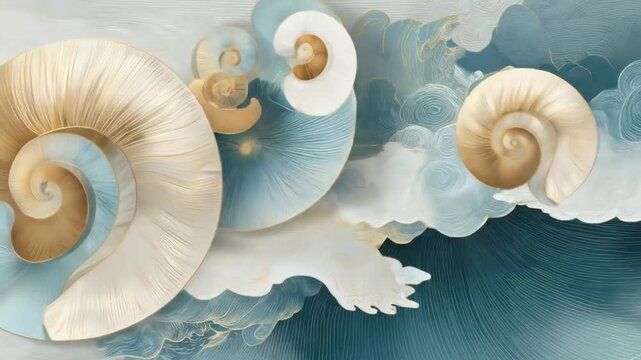 Abstract artwork featuring spiral and wave forms in gold, white, and teal, with a soft texture