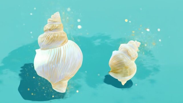 Artistic depiction of two spiral seashells with gold highlights on a turquoise, watery background