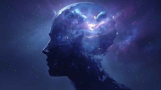 宇宙の星々が散りばめられた人間の横顔、内なる宇宙と可能性