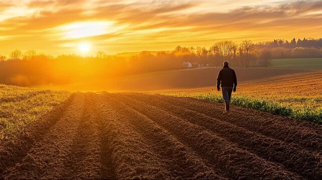 Farmer Walking Through Plowed Field During Golden Hour Sunset With Dramatic Orange Sky And Trees In Background