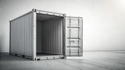 Open shipping container on concrete floor with back door ajar highlights haul and cost efficiency in modern warehouse logistics