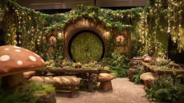 A whimsical interior with a mushroom centerpiece, rustic furnishings, and a hobbit-like door