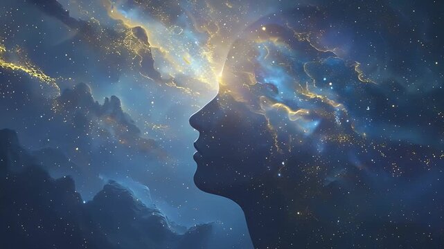 黄金色に輝く宇宙と人間の横顔、魂の覚醒と精神の進化