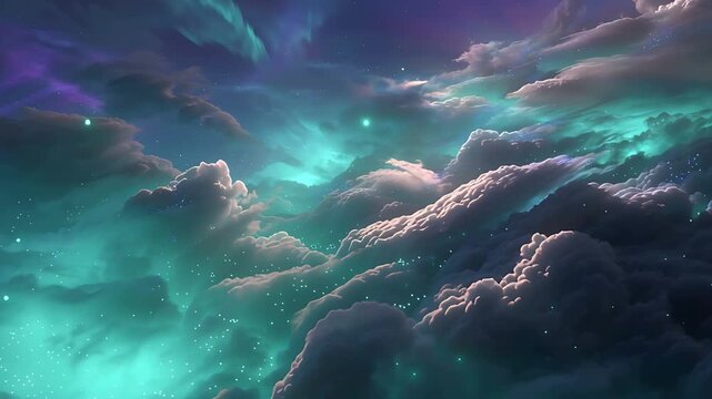 オーロラのような光が揺らめく空、幻想的で神秘的な夜