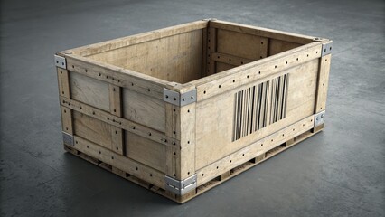 Wooden crate with barcode on side used for back haul cost calculation in warehouse logistics and storage facility