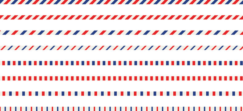 Seamless airmail diagonal line pattern with red and blue stripes border line set. Vector illustration.