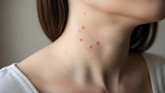 Close up of young woman with red acne pimples and skin inflammation on neck for medical dermatology