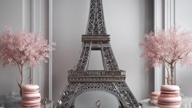Display featuring a miniature tower with macarons and blossom branches against a grey backdrop