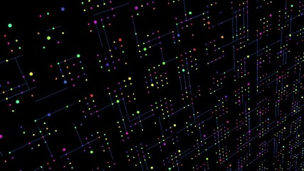 Diagonal perspective of a digital circuit board background where multi-colored dots move along a grid of blue lines, simulating data traveling through a computer system. - Powered by Adobe