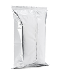 Blank silver foil snack packaging bag mockup isolated on a white background