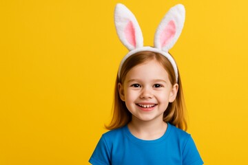 Portrait of little girl in blue t-shirt with Easter bunny ears on her head on a yellow isolated background. 
