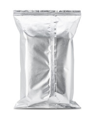 Blank silver foil snack packaging bag mockup isolated on a white background