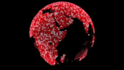 Rotating 3D digital globe composed of glowing red and white "plus" symbols, creating a pixelated, high-tech representation of the world's continents. - Powered by Adobe