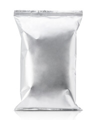Blank silver foil snack packaging bag mockup isolated on a white background