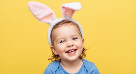 Portrait of little girl in blue t-shirt with Easter bunny ears on her head on a yellow isolated background. 
