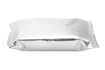Blank silver foil snack packaging bag mockup isolated on a white background