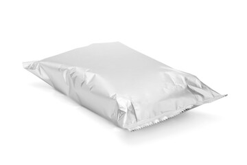 Blank silver foil snack packaging bag mockup isolated on a white background