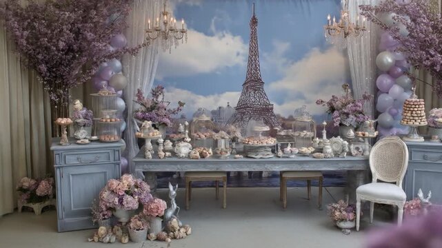 A Parisian themed dessert table adorned with treats, florals, balloons, and an Eiffel Tower backdrop