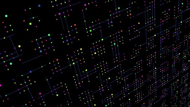 Diagonal perspective of a digital circuit board background where multi-colored dots move along a grid of blue lines, simulating data traveling through a computer system.