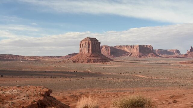 Timelapse view from Code Talker Point in Monument Valley showing dramatic desert landscape, sandstone formations, and changing light. Iconic American Southwest scenery and travel footage.
