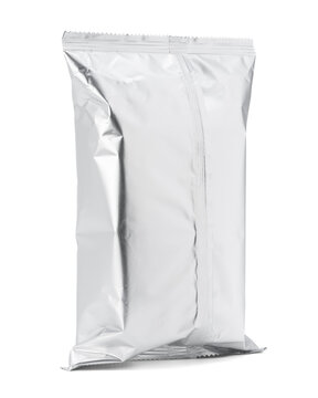 Blank silver foil snack packaging bag mockup isolated on a white background