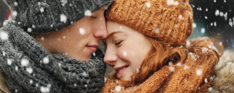 Romantic winter moment: young couple embracing in snowy bliss