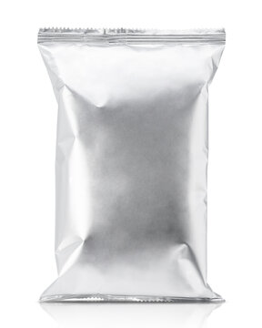 Blank silver foil snack packaging bag mockup isolated on a white background