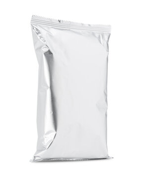 Blank silver foil snack packaging bag mockup isolated on a white background
