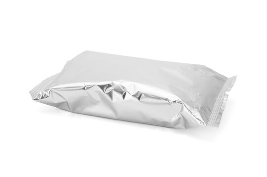 Blank silver foil snack packaging bag mockup isolated on a white background