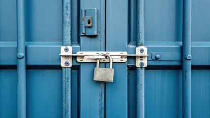 Blue metal container door with silver padlock and latch symbolizes security, back haul logistics, and cost control in shipping industry